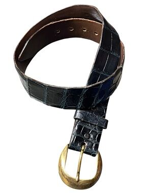 Vintage navy one piece alligator 1.5” wide belt solid brass buckle Made in USA